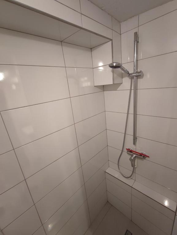 a white bathroom with a shower with a hose at APARTMANI VIJEĆNICA in Sarajevo