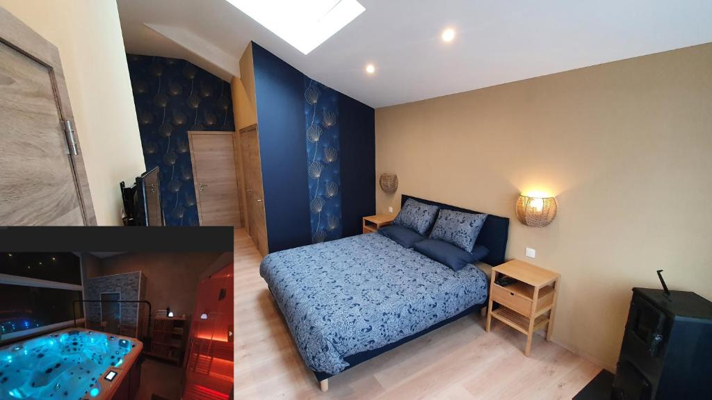 a bedroom with a bed and a tub in it at Bed'N'Bulles - Wellness privatif in Dinant