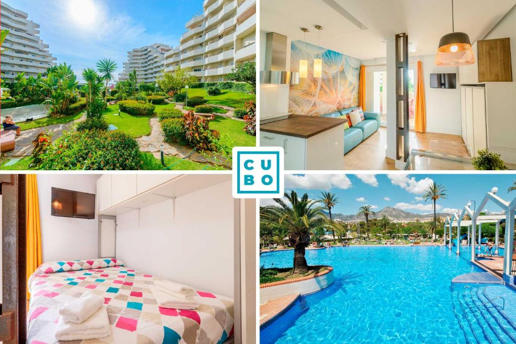 un collage de photos d'un hôtel avec une piscine dans l'établissement Cubo's Estudio 118 Benal Beach, à Benalmádena