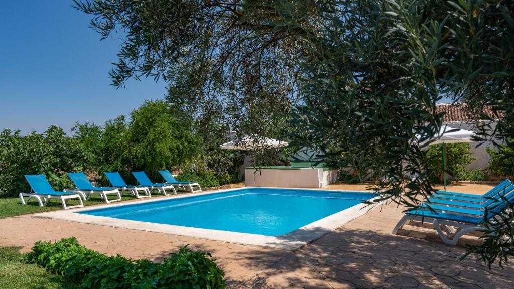ein Swimmingpool mit Liegestühlen und Sonnenschirm in der Unterkunft Cortijo Alzamigaja Archidona by Ruralidays in Archidona