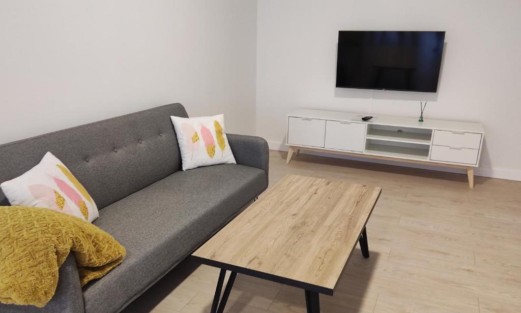 a living room with a gray couch and a wooden coffee table at Txoko Loft Ribera in Tudela