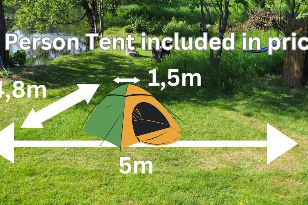 un'illustrazione di una tenda nell'erba di Riverside Bliss Idyllic Camp, 3 Man Tent Incl, near Tvedestrand and Arendal a Vegårshei
