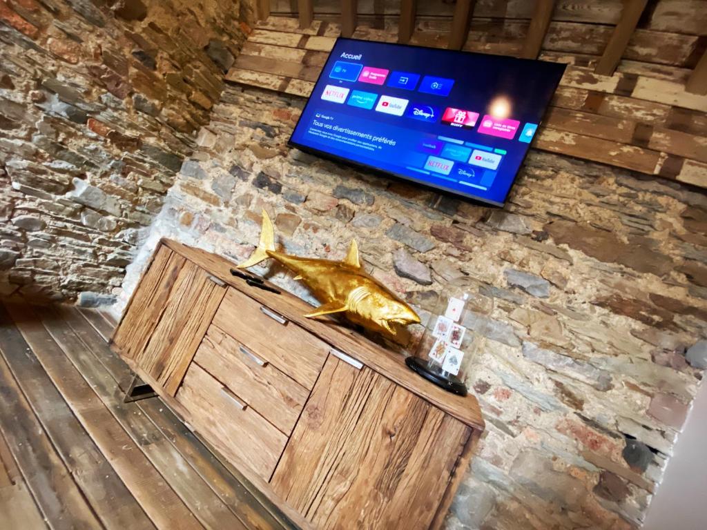 a fish statue on a wall with a tv at Luxury Spa Gîte - Loft Luxe in Spa