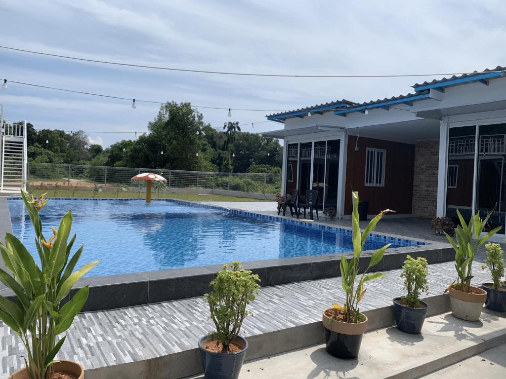 a swimming pool in front of a house with plants at Meraga Cinta Kijal in Kijal