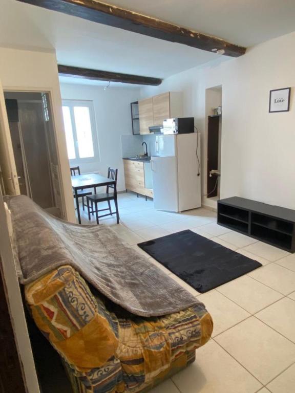 una sala de estar con una cama grande en una habitación en petit appartement calme en plein centre du village de ribiers, en Ribiers