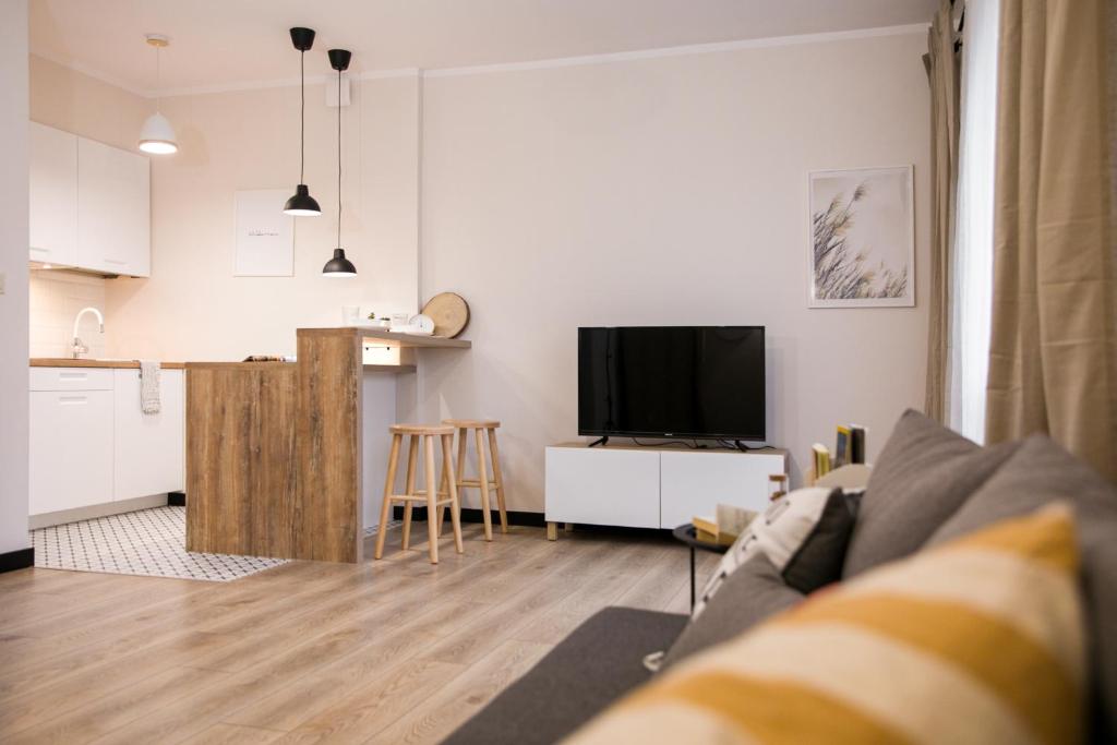 a living room with a couch and a kitchen at Apartament Szczerbowskiego B in Lublin
