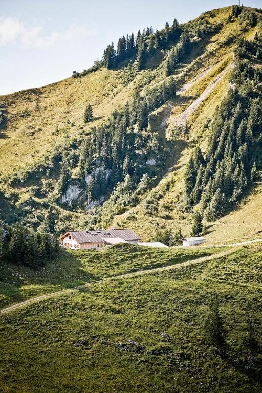 a large hill with a house on the side of it at Berghotel Altes Wallberghaus in Rottach-Egern