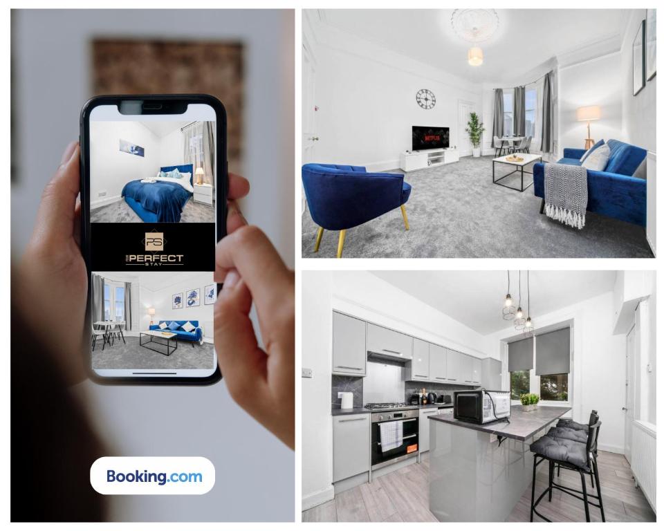 a person taking a picture of a kitchen and a living room at Glasgow Airport Luxury Apartment By Your Perferct Stay Short lets Glasgow in Paisley