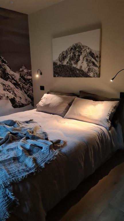 een slaapkamer met een groot bed en met sneeuw bedekte bergen bij Cocooning in Arvier