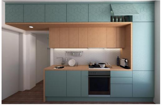a kitchen with blue cabinets and a stove top oven at A 10 minutes à pied du stade de France , 35 m2 très cosy refait à neuf in Saint-Denis