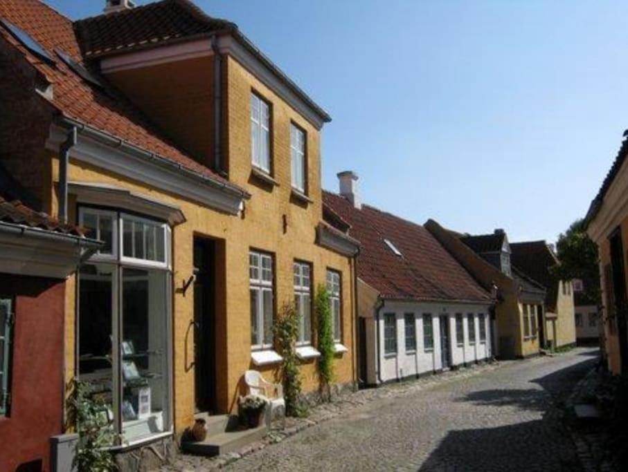 een rij gele huizen in een straat bij Skøn lejlighed i Ærøskøbing. in Ærøskøbing