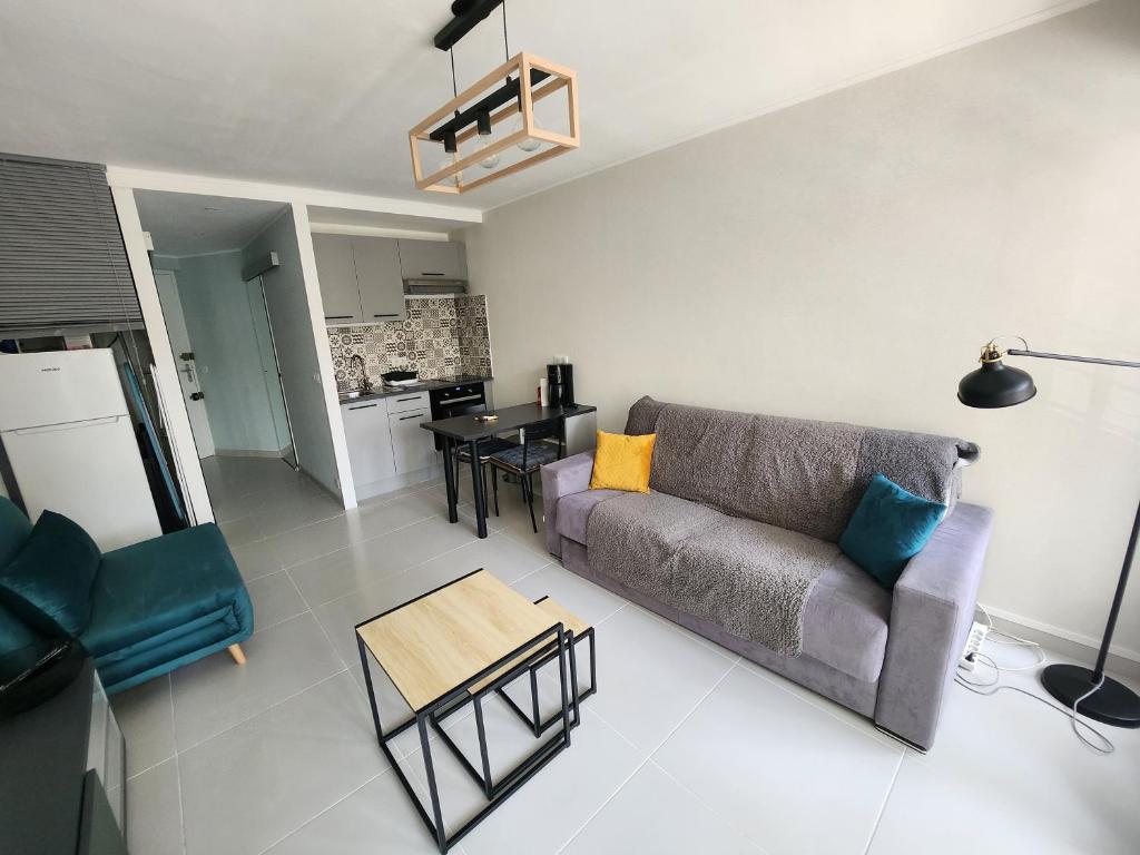 Kuchyň nebo kuchyňský kout v ubytování studio meuble climatise centre ville vue mer