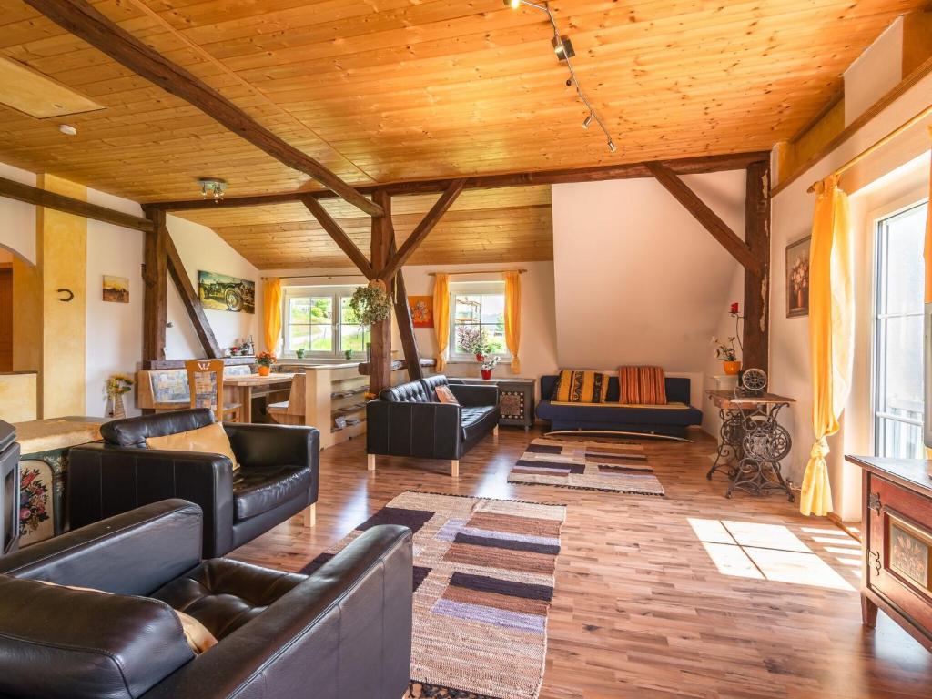 LudmannsdorfにあるSpacious Apartment in Lukowitz with Saunaのリビングルーム(革製家具、木製の天井付)