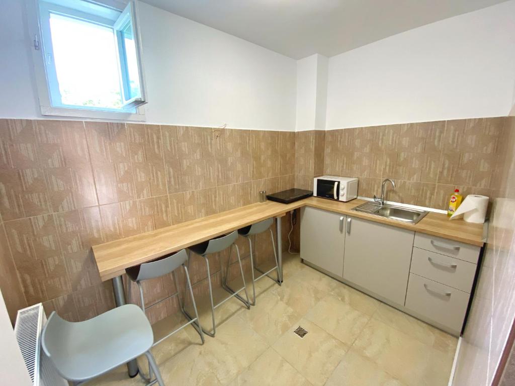 a small kitchen with a counter and a sink at Central Park House in Cluj-Napoca