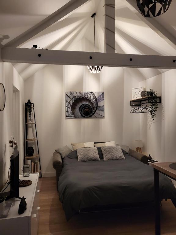 um quarto com uma cama grande num quarto em Agréable studio avec cour à 10mn de Fontainebleau em Héricy
