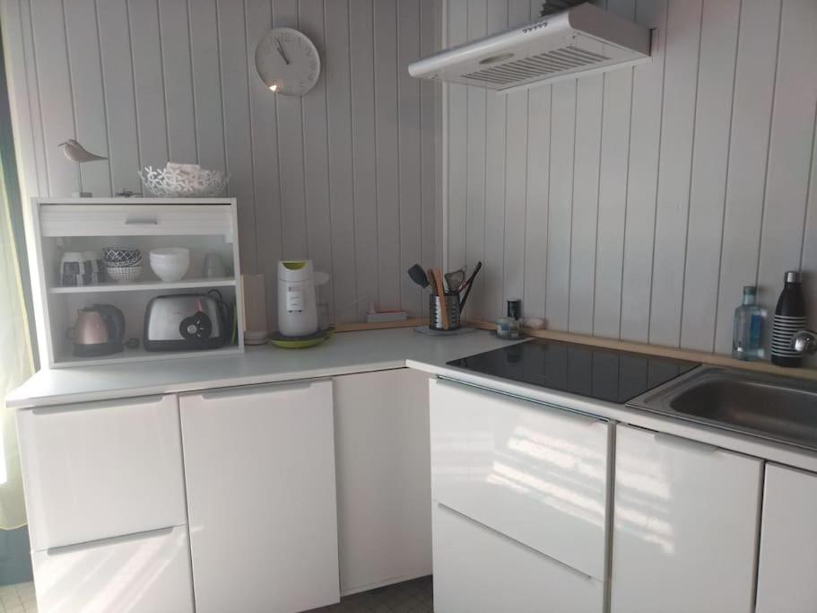 eine Küche mit weißen Schränken und einem Waschbecken in der Unterkunft Le petit paradis iodé in Gujan-Mestras