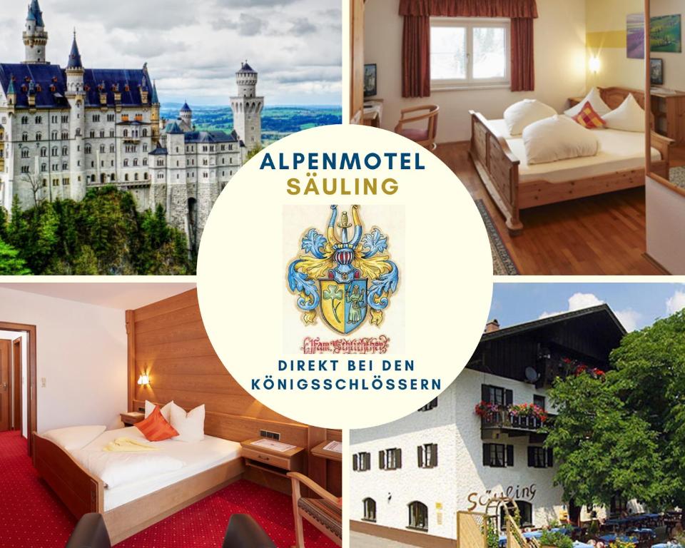 a collage of photos of a hotel with a picture of the alzombie at Alpenmotel Säuling in Reutte