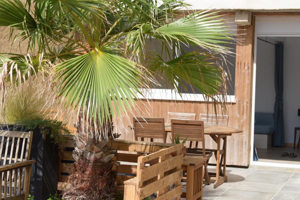 un patio avec une table, des chaises et un palmier dans l'établissement Logement spacieux au calme - Plage des Chalets, à Gruissan