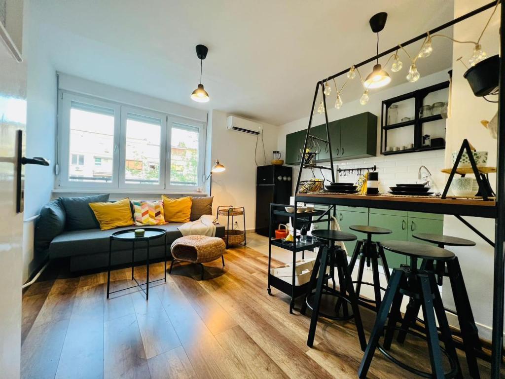een woonkamer en een keuken met een bank en een tafel bij Retro suit Novi Sad in Novi Sad