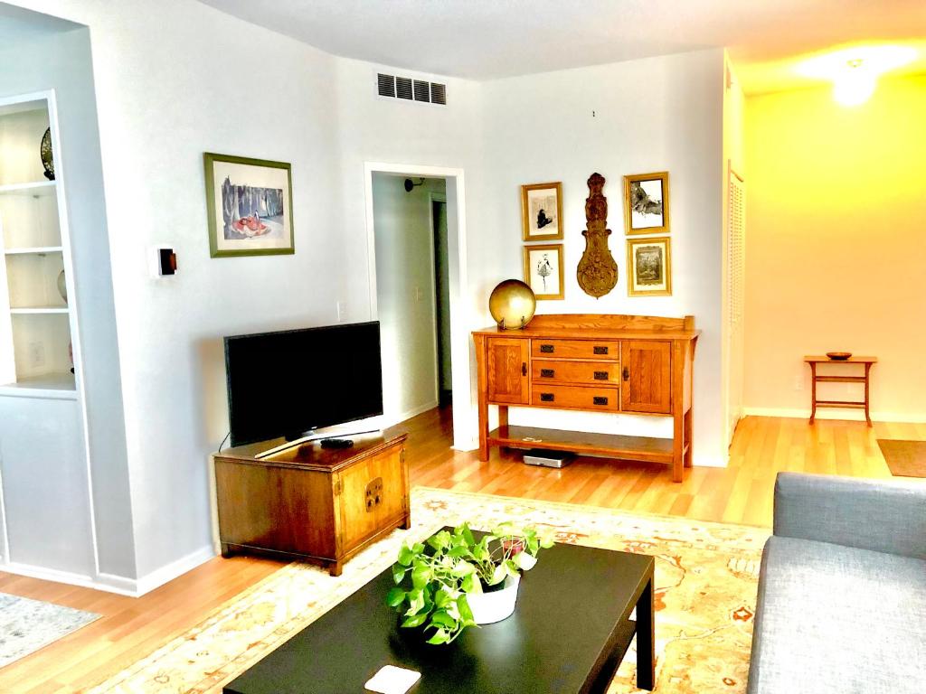 een woonkamer met een bank en een tv bij Homey 2 bedroom Apartment, Minutes from Everything! in Minneapolis