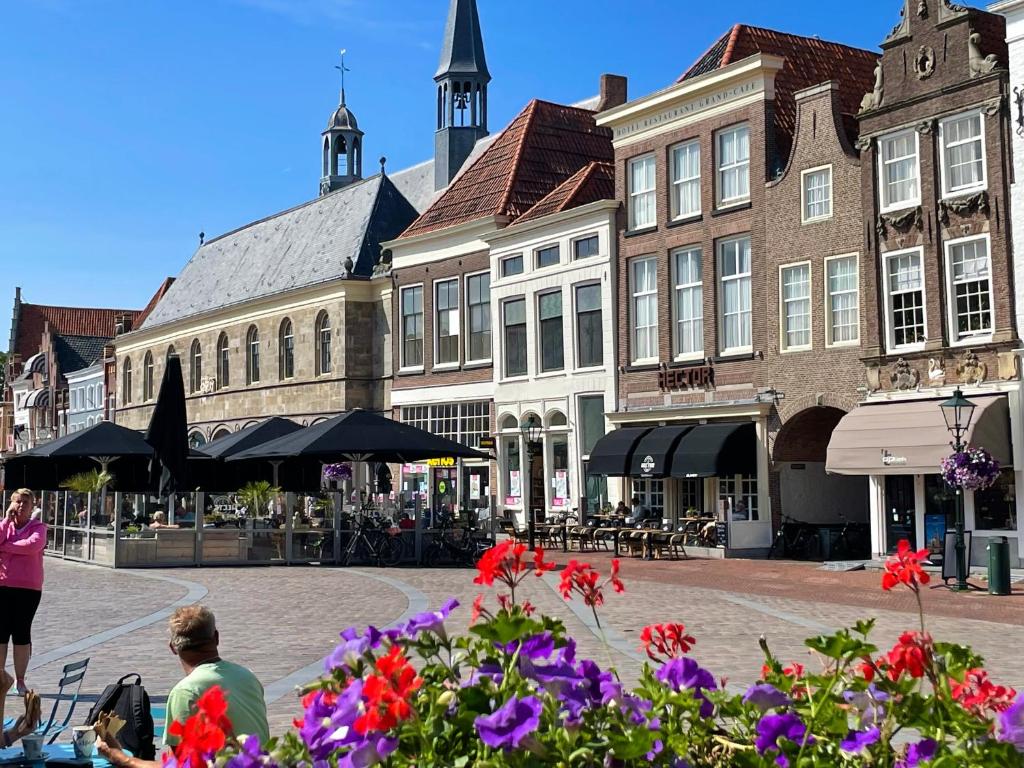 un groupe de bâtiments avec des fleurs devant eux dans l'établissement Hector Zierikzee, à Zierikzee