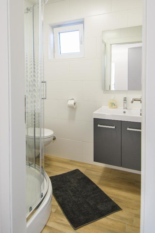 a bathroom with a shower and a sink and a toilet at Apartments & Rooms Darrer in Poreč