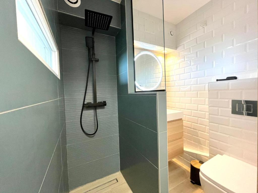 a shower with a glass door in a bathroom at Studio FRONT DE MER rénové in Le Barcarès