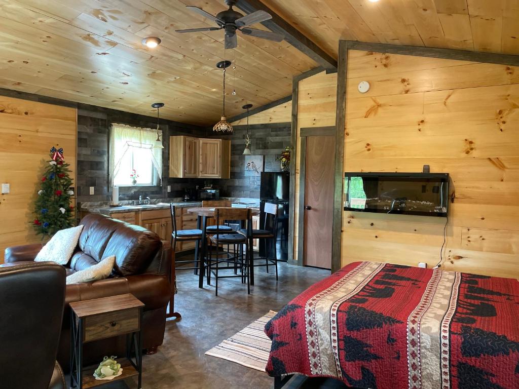 a living room with a couch and a kitchen at Lily Pad Cabin 