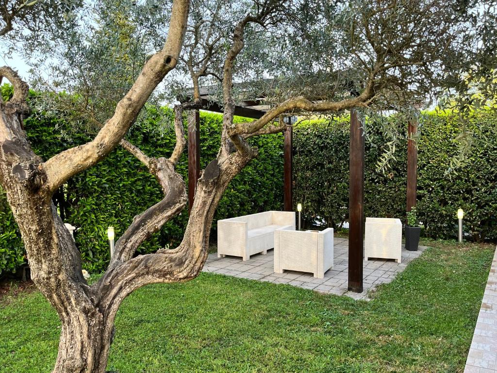 una mesa y sillas sentadas junto a un árbol en L’arcobaleno, en Valmontone