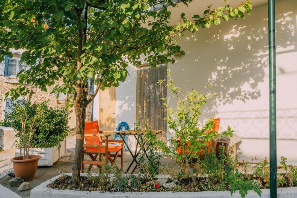 un patio con mesa, sillas y un árbol en The apricot tree studio, en Samotracia