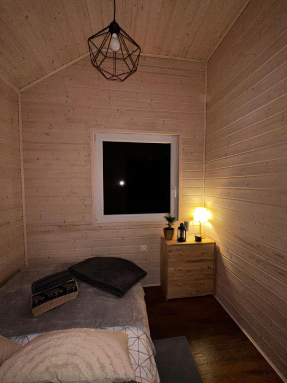 Wooden room with bed, nightstand, lamp, and window.
