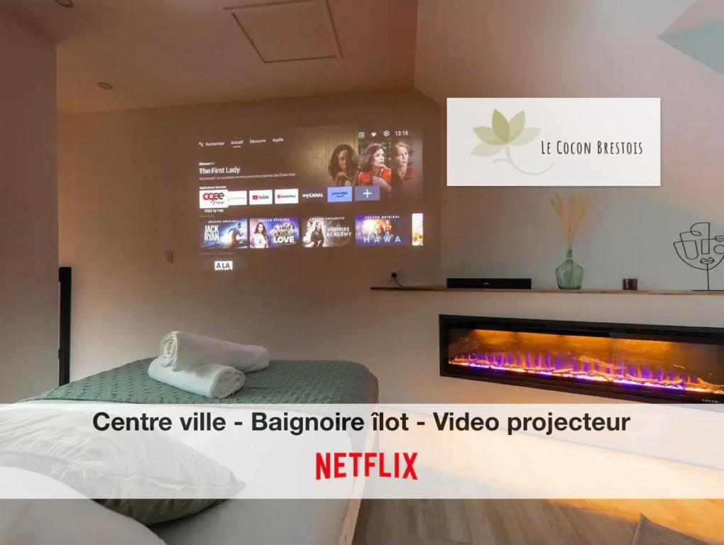 una camera da letto con camino e TV di Le Cocon Brestois - Centre ville a Brest