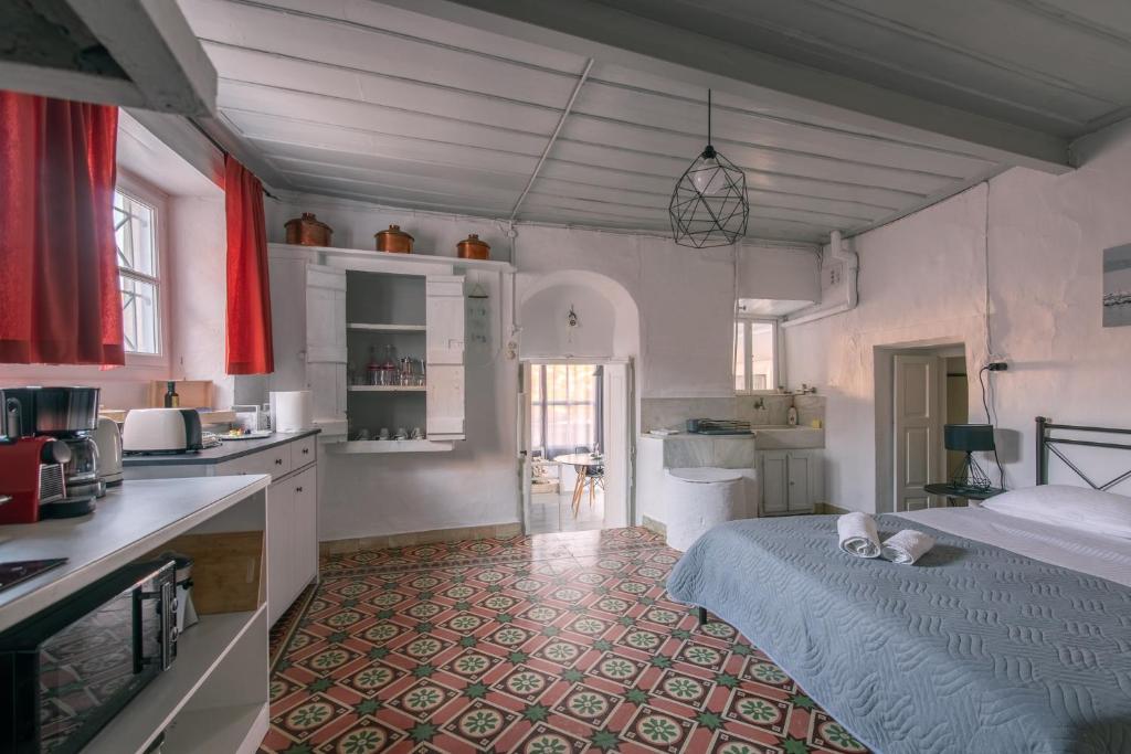 a kitchen and a bedroom with a bed and a kitchen at Gelhaus 1935 in Hydra