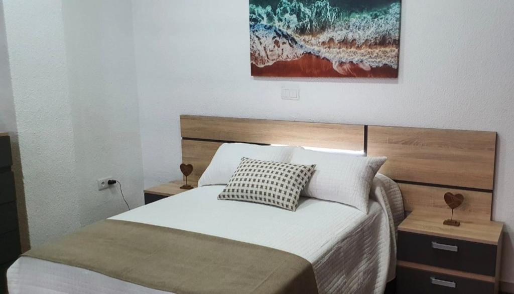 1 dormitorio con 1 cama y una pintura en la pared en APARTAMENTO TURISTICO GUADIANA LOFT EXPERIENCE Dalia en Badajoz