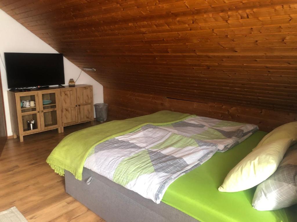 1 dormitorio con 1 cama y TV de pantalla plana en Gemütliches zwei Zimmer Apartment en Bamberg