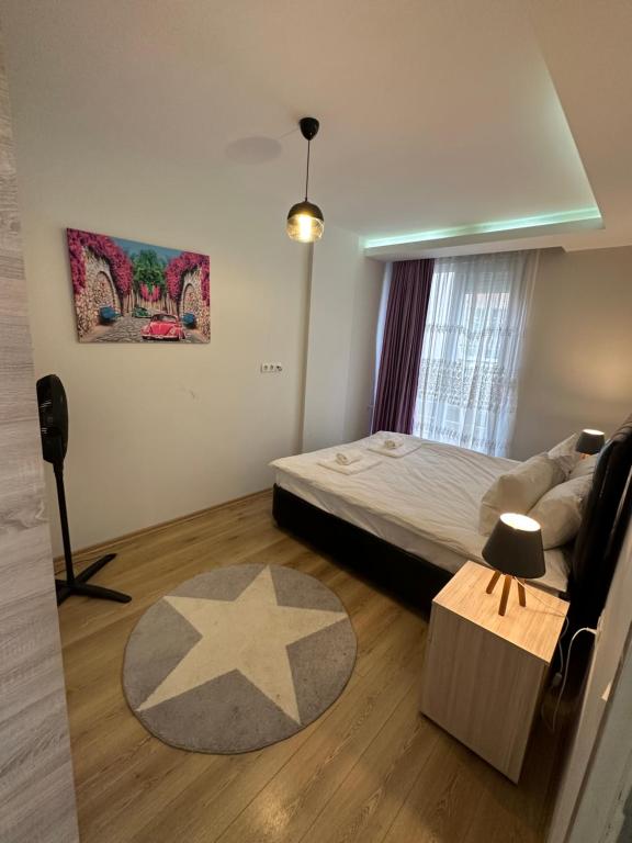 1 dormitorio con 1 cama y 1 estrella en el suelo en Toya, en Antalya