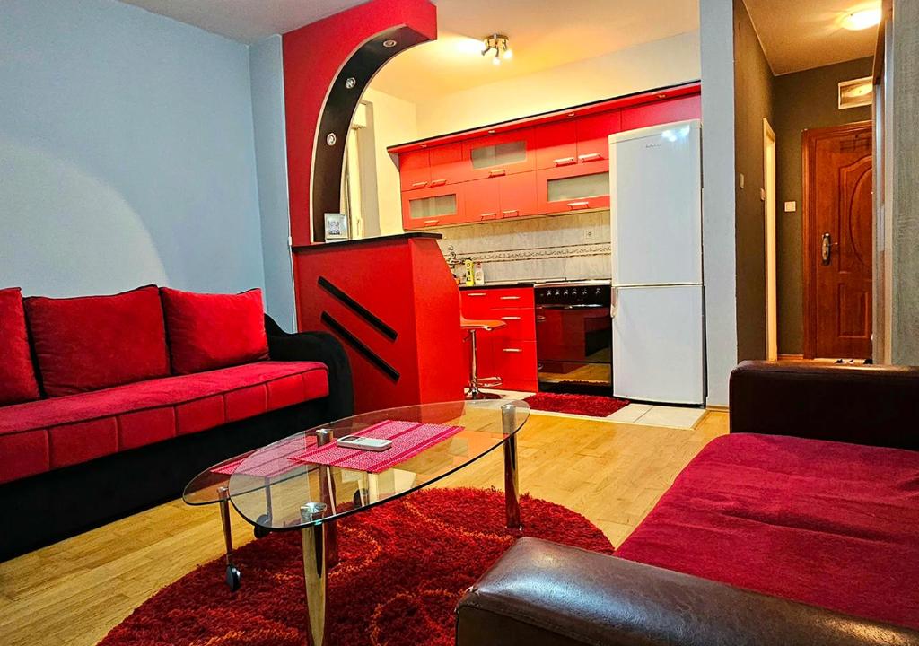 een woonkamer met een bank en een tafel bij Anastasija in Novi Sad