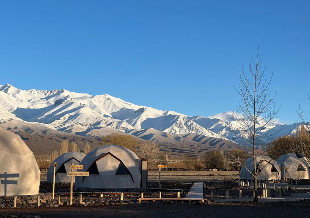 a group of tents in front of snowy mountains at Cinco Cumbres in Uspallata