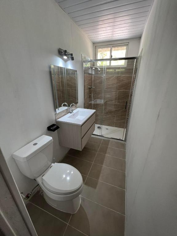 a bathroom with a toilet and a sink and a shower at Te Mao in Avatoru