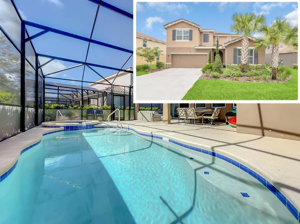 un collage de fotos de una casa y una piscina en 7 Bedroom 6 Bath Home with Private Pool Spa Walk to Solterra Clubhouse Lazy River 20 min from Disney, en Davenport