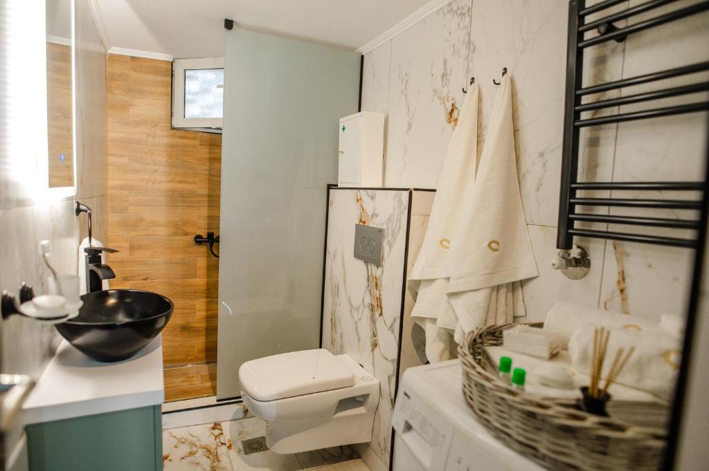 a dirty bathroom with a toilet and a sink at PELAGIO APARTMENT 1 in Alexandroupoli