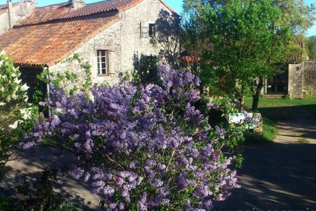 a bush of purple flowers in front of a house at Maison Larzac Cevennes Grand Gite 