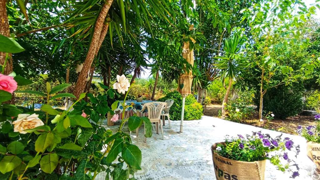 einen Garten mit einem Tisch, Stühlen und Bäumen in der Unterkunft Olyna’s Apartment N.S Preveza in Néa Sampsoús