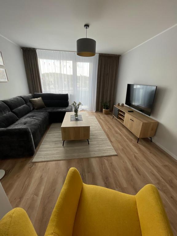 a living room with a couch and a tv at Apartament Centrum II in Lidzbark Warmiński