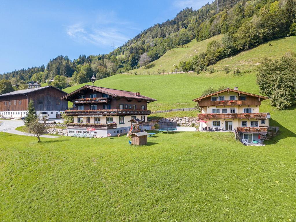a group of buildings in a grassy field next to a mountain at Almliesl GOLD-705 in Maierhof