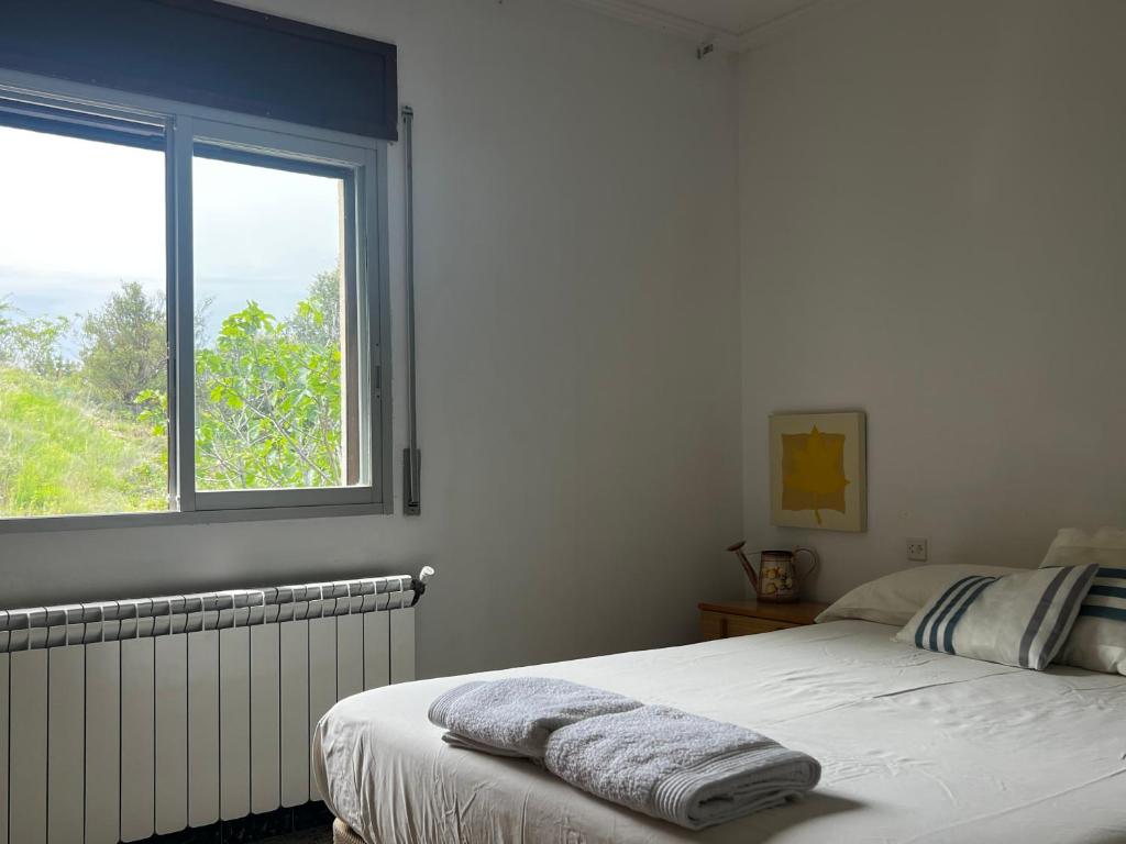 a white bedroom with a bed and a window at Apartaments La Pertusa 2o in Corçà