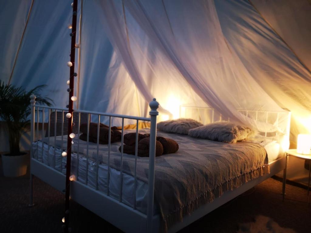 a bedroom with a canopy bed with christmas lights at Jonvabalių miškas 
