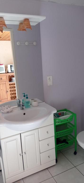 W łazience znajduje się biała umywalka i lustro. w obiekcie Chambre w mieście Pontaubault