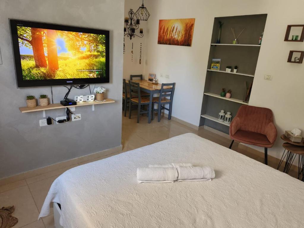 1 dormitorio con 1 cama y TV de pantalla plana en B resort דירת נופש בדרום רמת הגולן, en Giv'at Yo'av