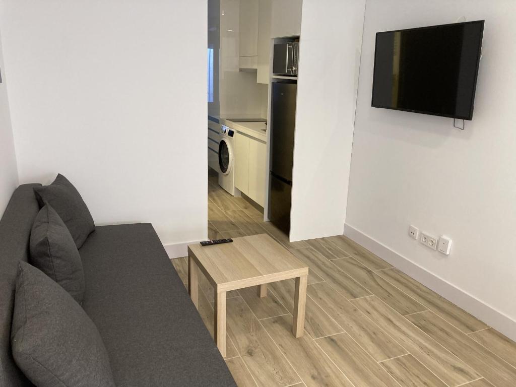 sala de estar con sofá y TV de pantalla plana en Plaza Castilla Apartments, en Madrid